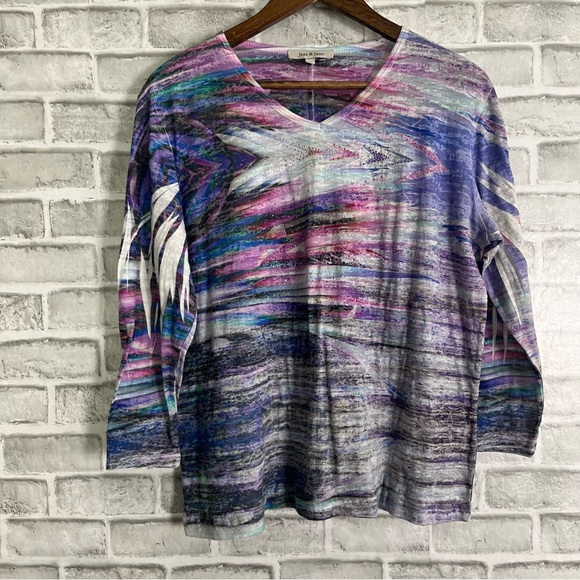 Jess and Jane Artsy Abstract RhinestoneV Neck Lightweight Colorful Blouse Sz XL - Picture 1 of 6